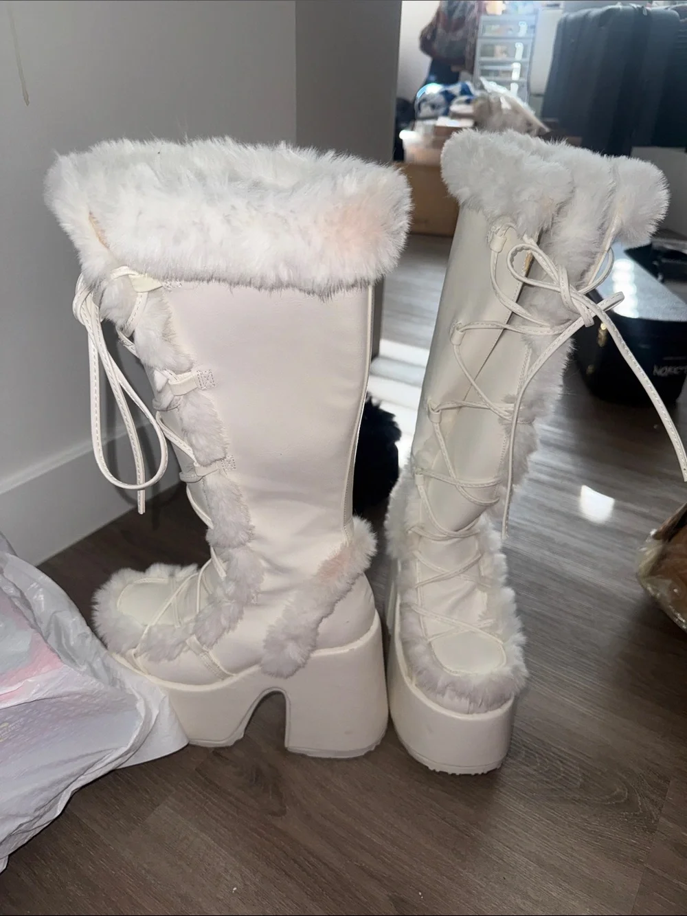 Dolls Kill White Faux-Fur Lace-Up Platform Knee Boots
